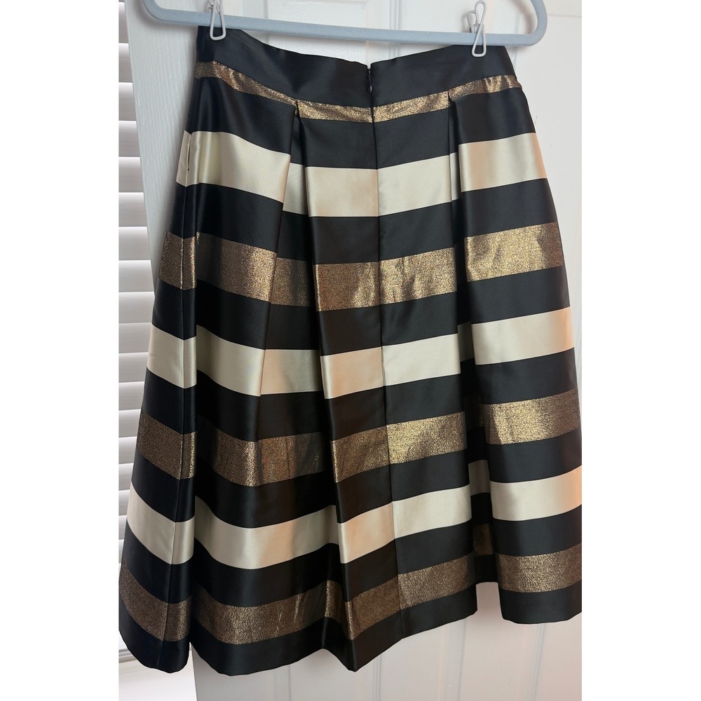 Eliza J‎ Metallic Gold Black Striped Pleated Midi Skirt Size 6 Holiday Party - Picture 4 of 7